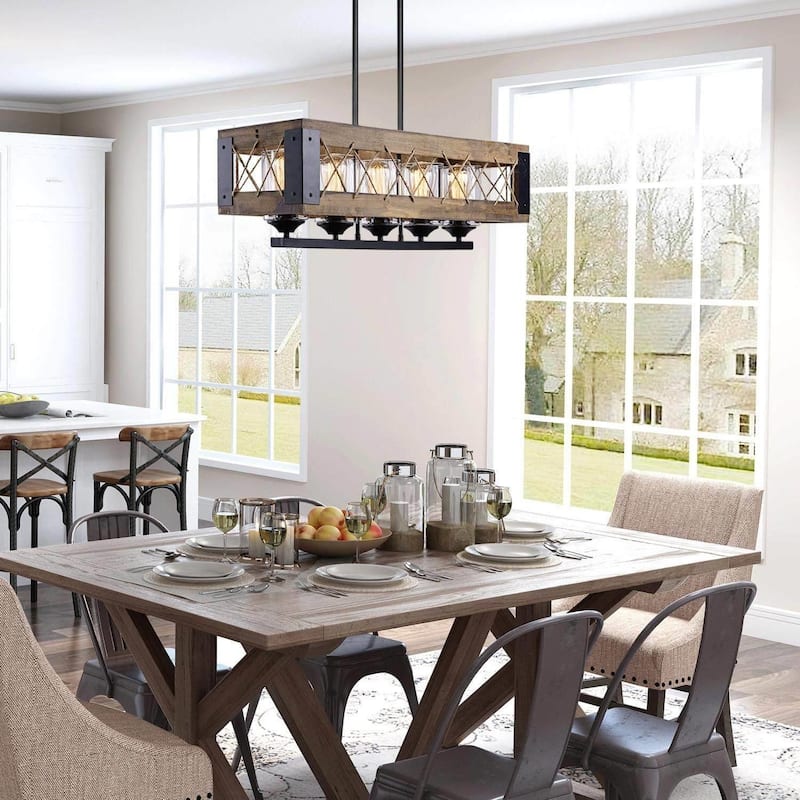 Farmhouse 5-Light Wood Chandelier Rustic Kitchen Island Lights for Dining Room - W31.9" X E10.6" X H10.2"