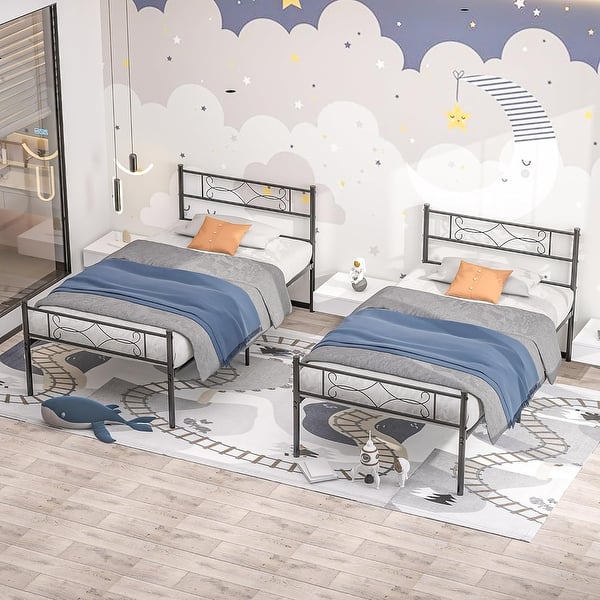 slide 2 of 40, VECELO 14 Inch Twin Size Metal Platform Bed Frame,Kids Bed Set of 2, Bed Frame Set of 2