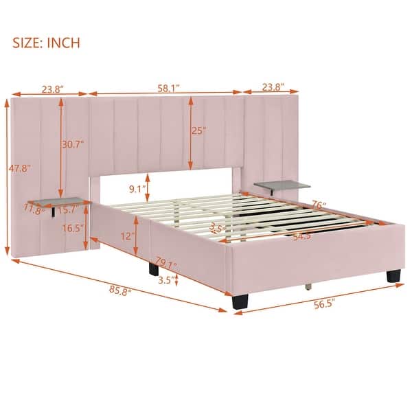 dimension image slide 4 of 6, Plush Upholstered Platform Bed Frame with Oversized Headboard and 2 Side Storage Shelf, Velvet Fabric Wingback Bed