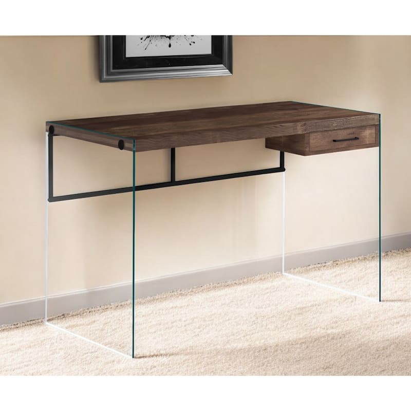 Wood Computer Desk with Glass Base, 1 Drawer and Rectangular Design