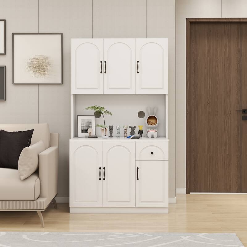 71" Kitchen Pantry Storage Cabinet with Microwave Oven Countertop, Freestanding Hutch Cabinet with Adjustable Shelves
