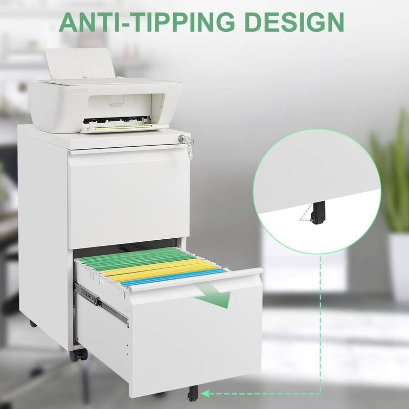 Modern File Cabinet Mobile File Cabinet Steel File Cabinet with 2 Drawers and Lock for Home Office, White