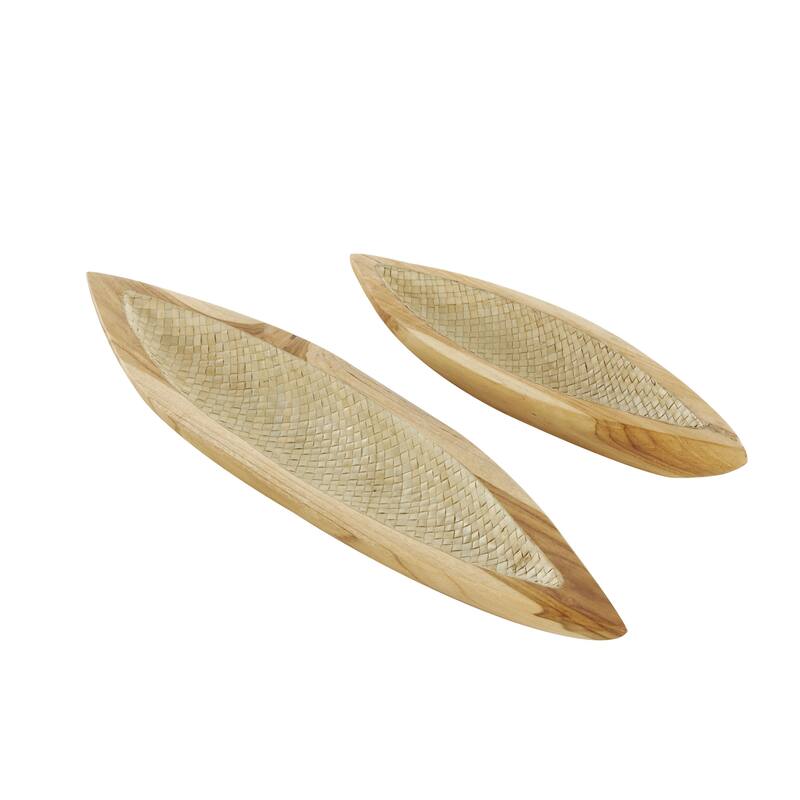 Teak Wood Boat Handmade Carved Living Room Decor Tray with Woven Palm Leaf Interior - Set of 2 Brown - Roche River Decor