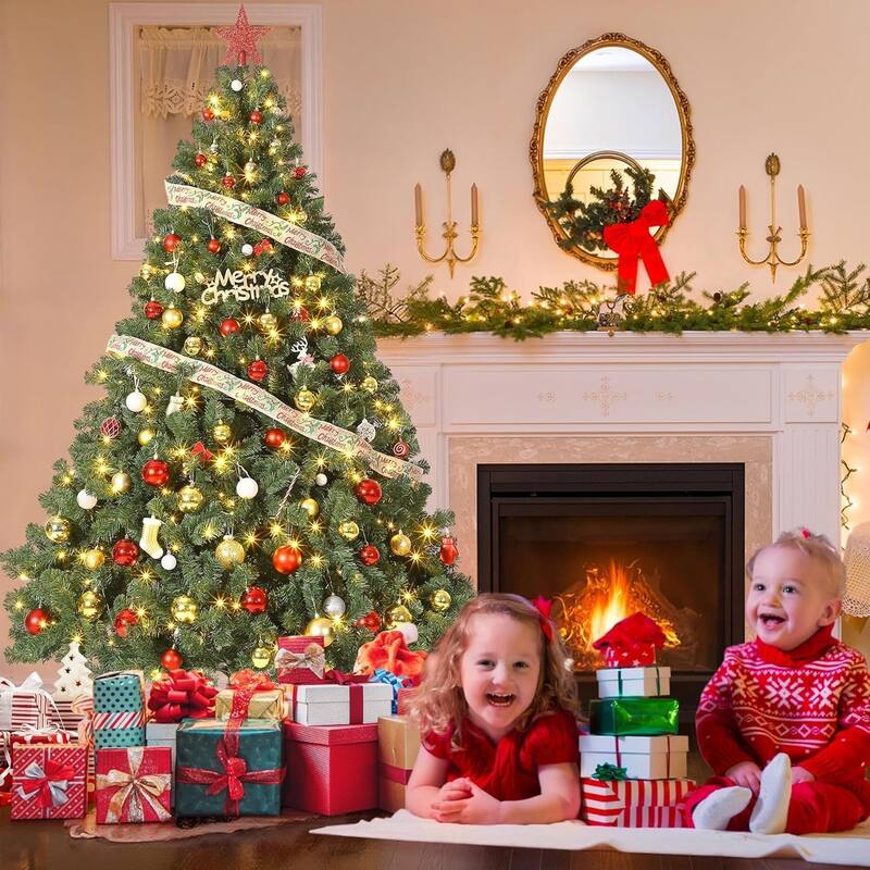 Pre-Lit Artificial Spruce Christmas Tree with White Lights, Unlit Hinged Design