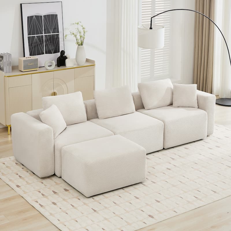 Corduroy Sectional Modular Sofa with Square Arms & Ottoman Extension for Flexible Arrangements