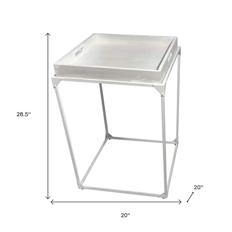HomeRoots 29" White Solid Wood and Iron Square Tray Style End Table - 20 in. x 28.5 in. x 20 in.