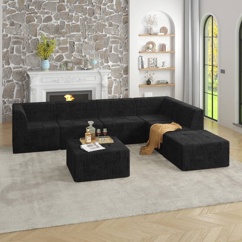 Roomfitters L-Shape Modular Sectional Sofa with Ottoman, Corduroy Sleeper Couch, Space-Saving Design for Living Room - Black