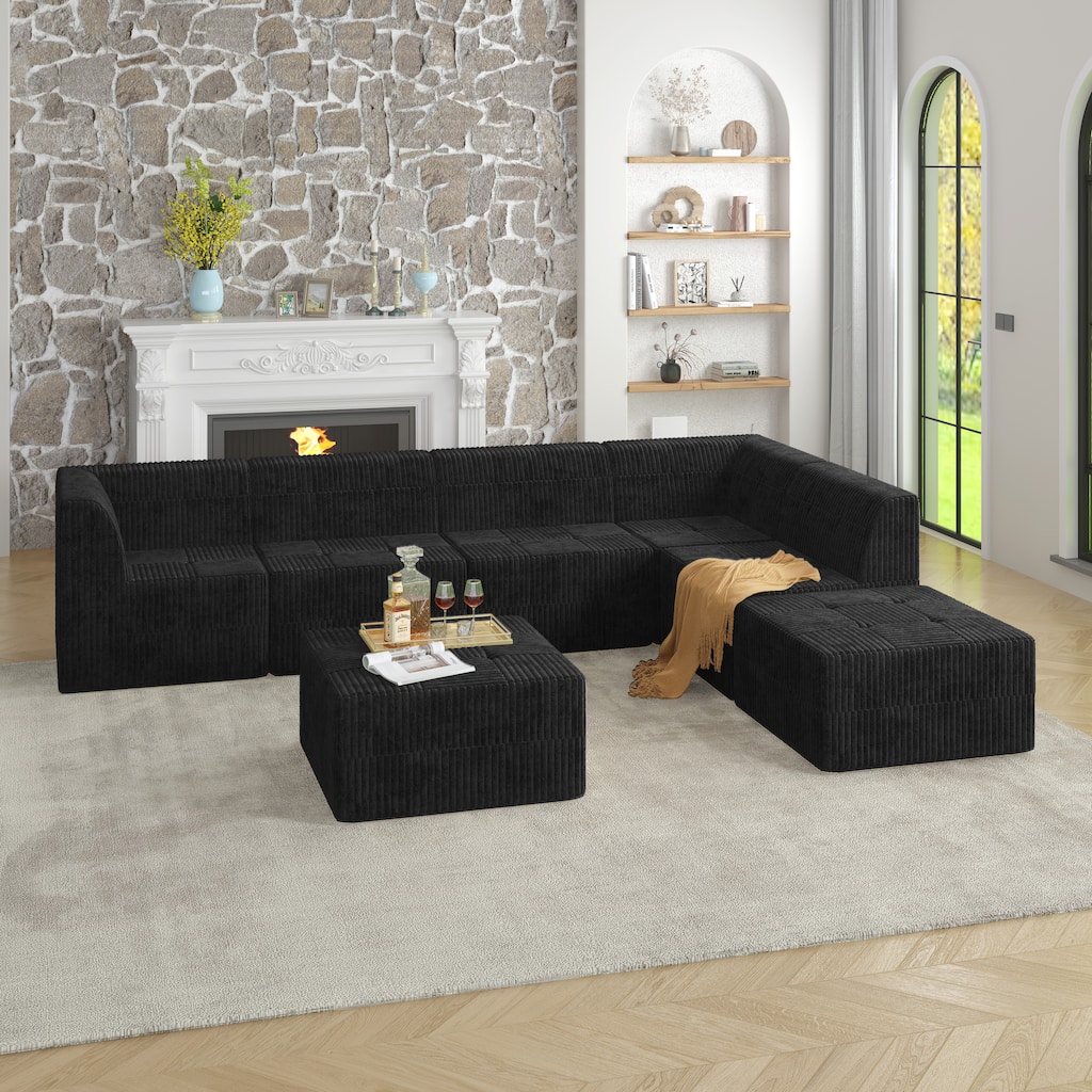Roomfitters L-Shape Modular Sectional Sofa with Ottoman, Corduroy Sleeper Couch, Space-Saving Design for Living Room