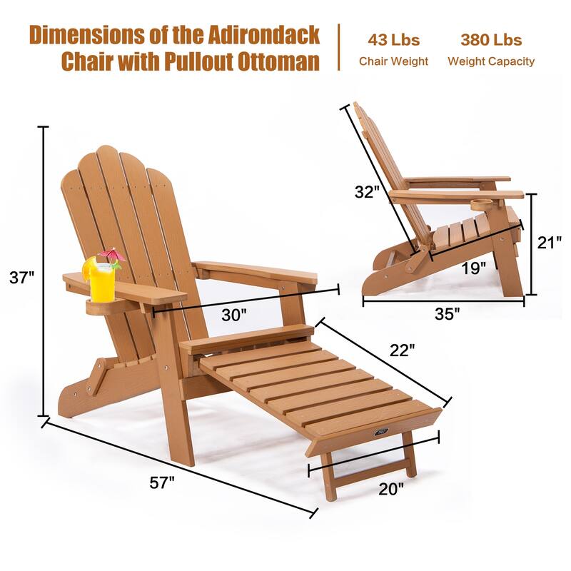 Anmytek Oversized Folding Adirondack Chair with Pullout Ottoman and Cup Holder Weather-Resistant Poly Lumber