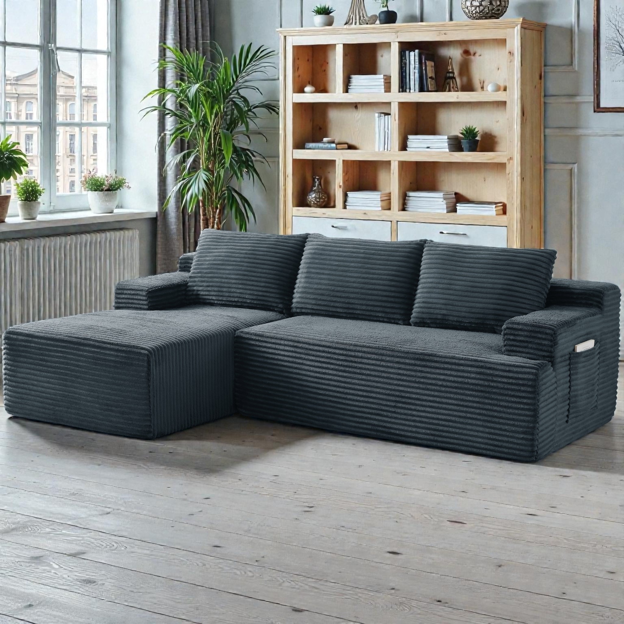 L Shaped Cloud Sectional Sofa with Deep Seat, Corduroy Modular Sleeper Couch, No Assembly Required