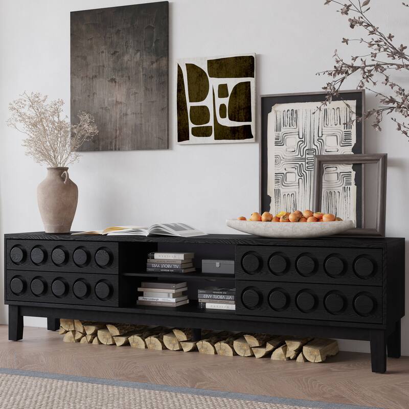 Modern Mid-Century TV Stand, for TVs Up to 75" with 4 Drawers and Cable Management, for Living Room and Office, Black