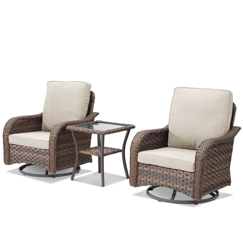 Cavira 3-Piece Brown Wicker Outdoor Patio Swivel Glider Chairs with Side Table