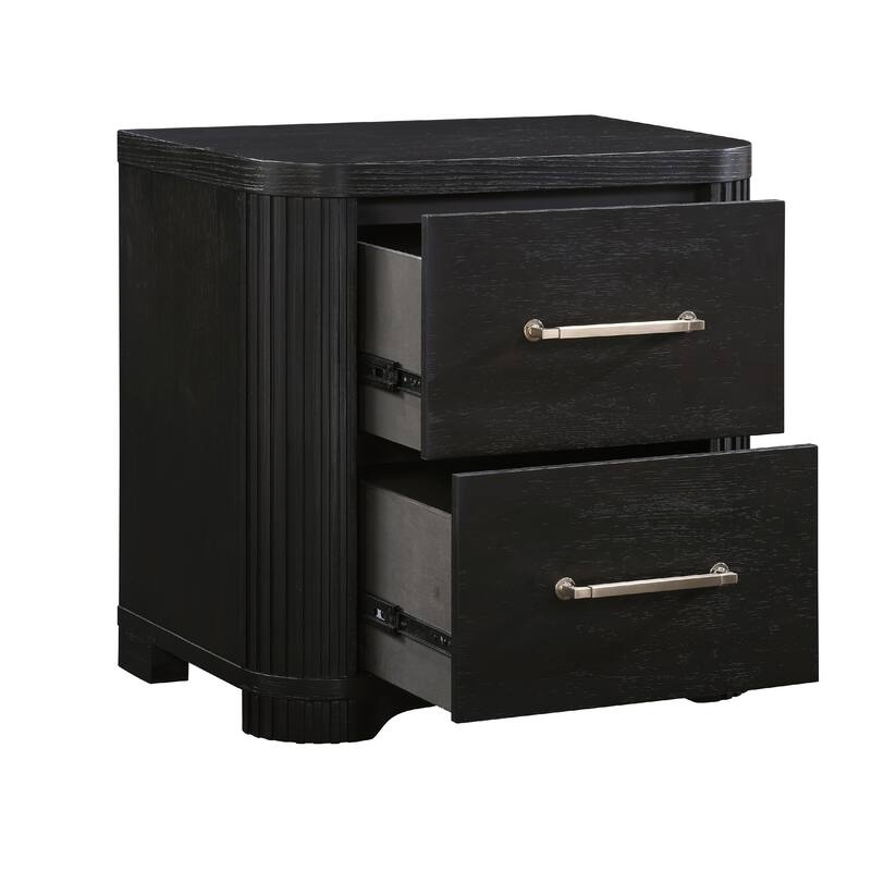 Chas Nightstand, 2 Drawers Brass Bar Handles, Charcoal Black Wood