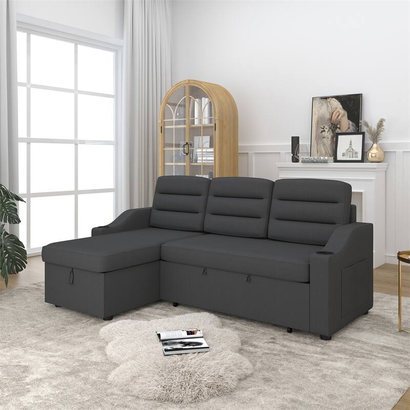 83.5" Convertible Sleeper Combo Sofa w/ Storage Recliner & Cup Holder