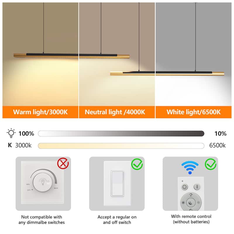 75" Black Gold LED Pendant - Adjustable - Dual Tube - Dining Kitchen
