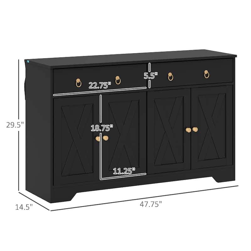 HOMCOM Sideboard, Buffet Cabinet with 2 Drawers, 2Storage Cabinets, 4 Barn-Style Doors and Adjustable Shelves, White