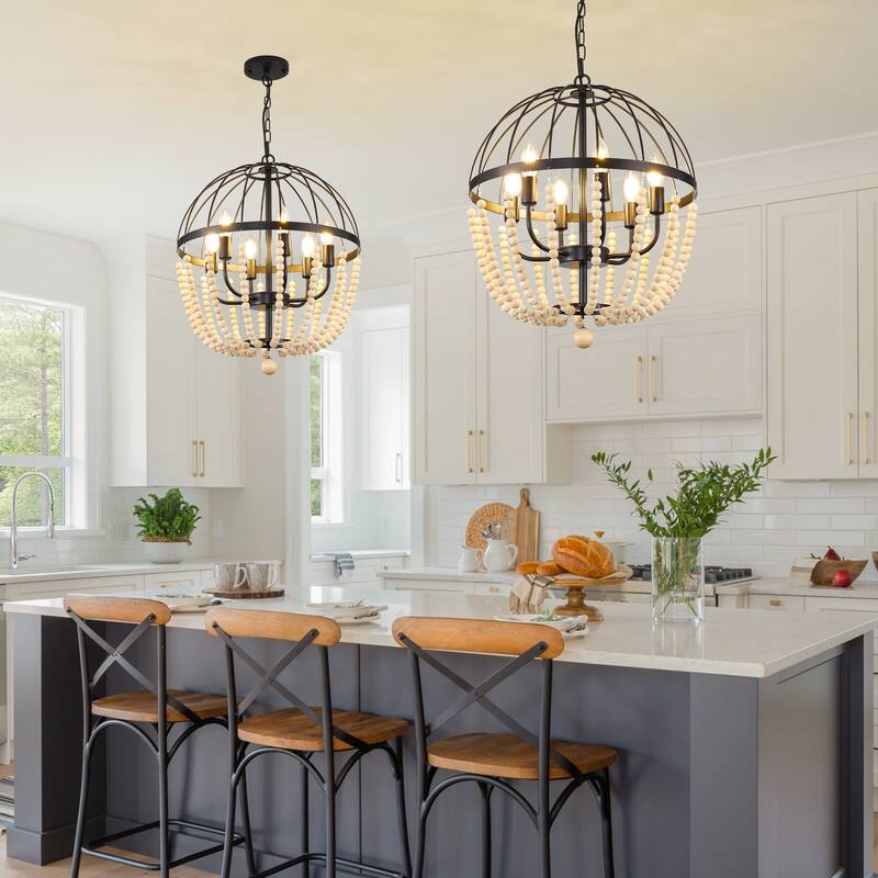 6-Light Metal Chandelier with Wooden Beads