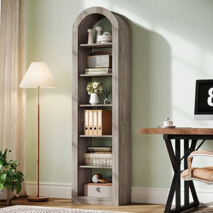 6-Tier Wooden Tall Bookshelf, 74.8 Inches Rustic Arched Bookcase