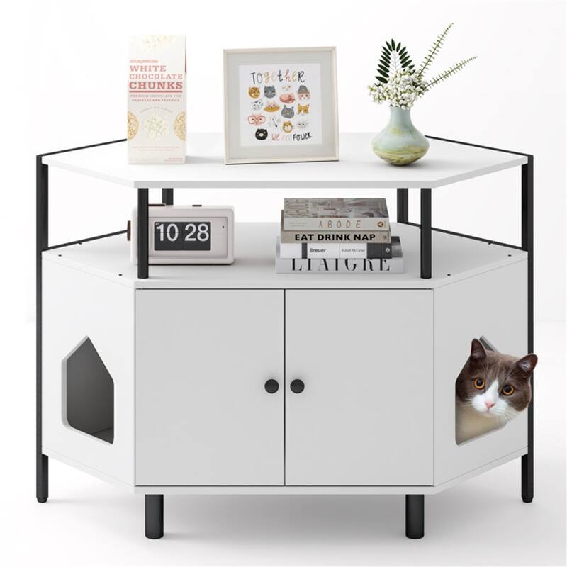 White Litter Box, Polygonal Cat House, Cat Furniture, Living Room Cabinet - 41.5"L x 20"W x 29"H