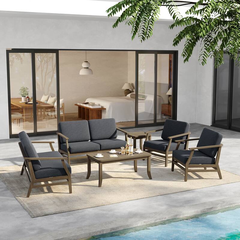 6-Seat Outdoor Teak Wood Patio Conversation Set with Cushions Tables
