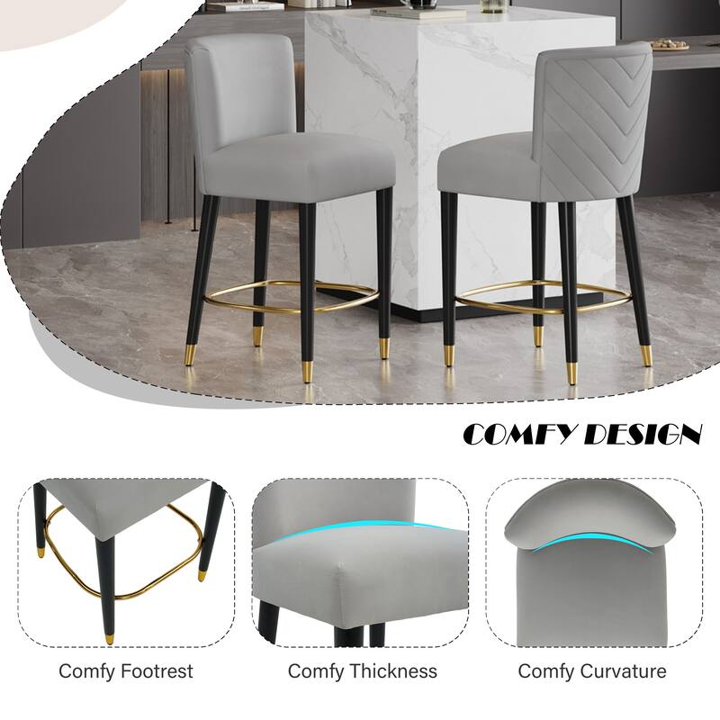 Roomfitters 27'' Upholstered Counter Stools, Set of 2 Modern Bar Chairs with Gold Circular Footrest and Light Fabric