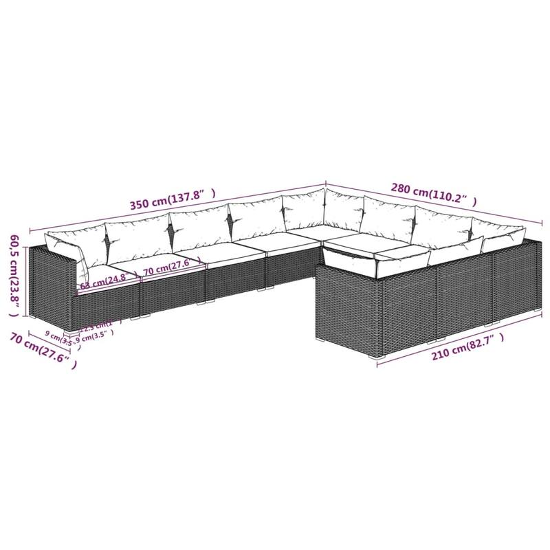 vidaXL Patio Lounge Set Outdoor Sectional Sofa Set Table Garden Poly Rattan - 27.6" x 27.6" x 23.8"