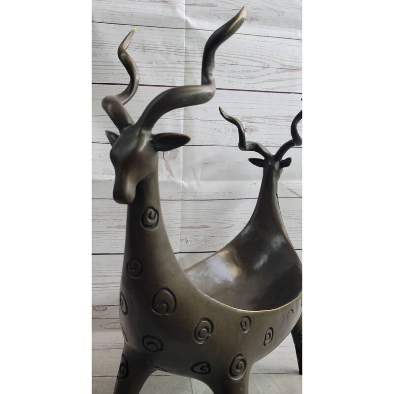 Two Gazelle Antelope Kudu Bronze Vessel Planter Bowl Candy Dish