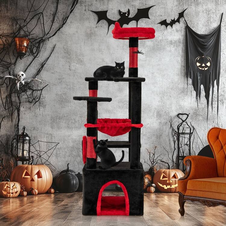 Black and Red Gothic Cat Tree Tower with Condo Perch Hammock and Scratching Posts - 52"
