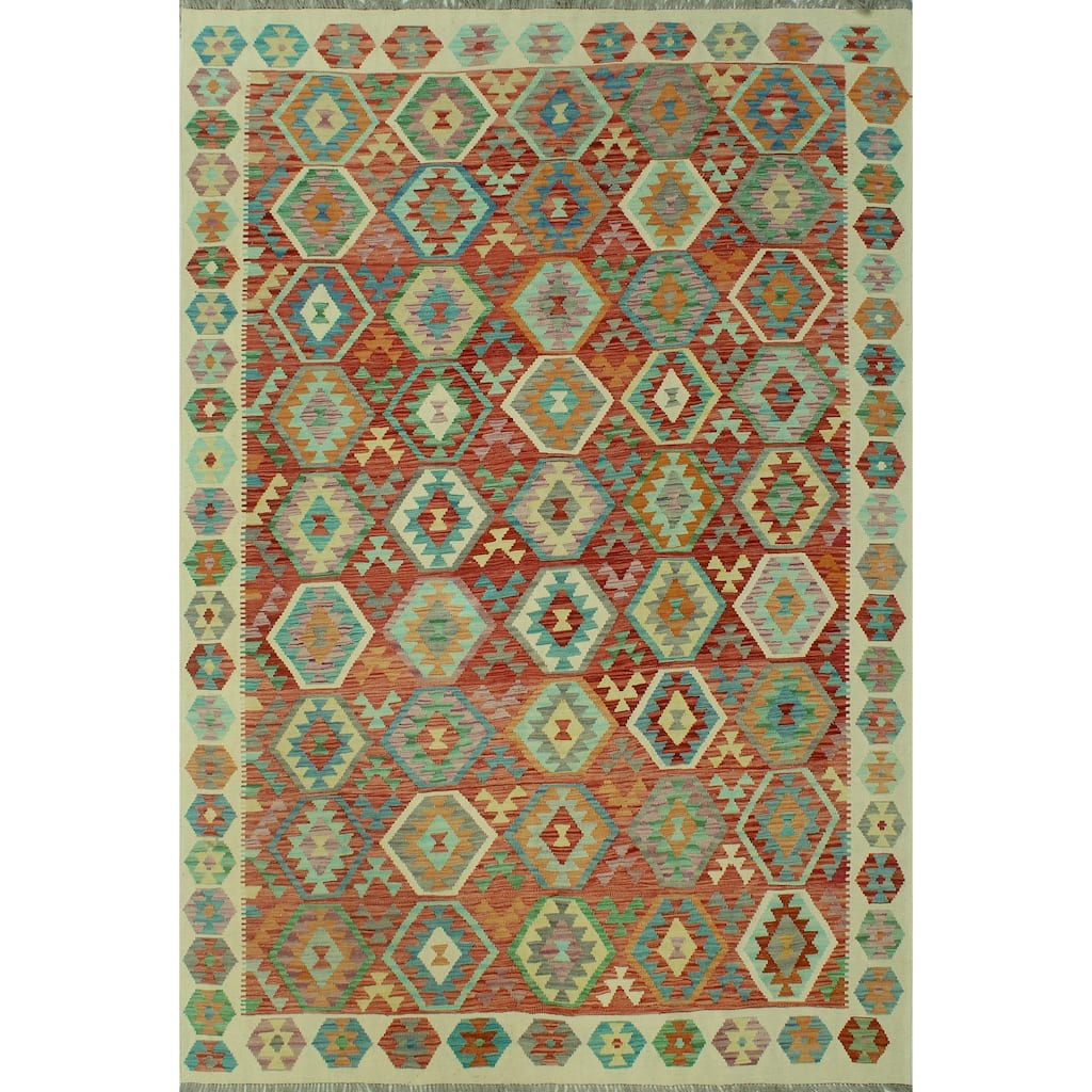 Hand-Woven Sangat Kilim Deste Rust/Ivory Rug - 6'9" x 9'8"