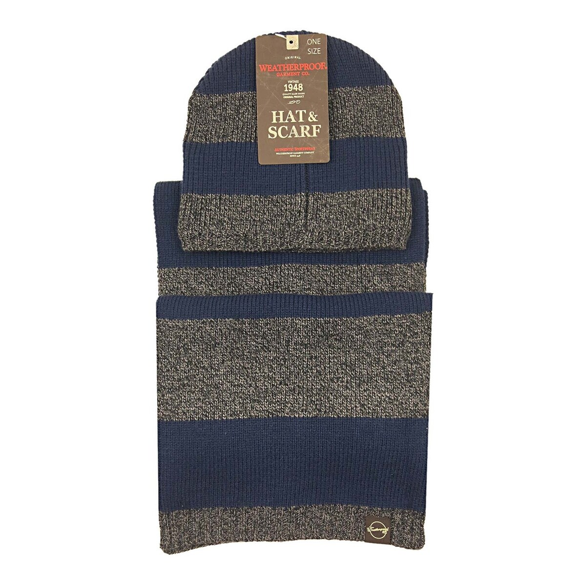Shop Weatherproof Mens Striped Hat Scarf Set Navy Blue And Grey