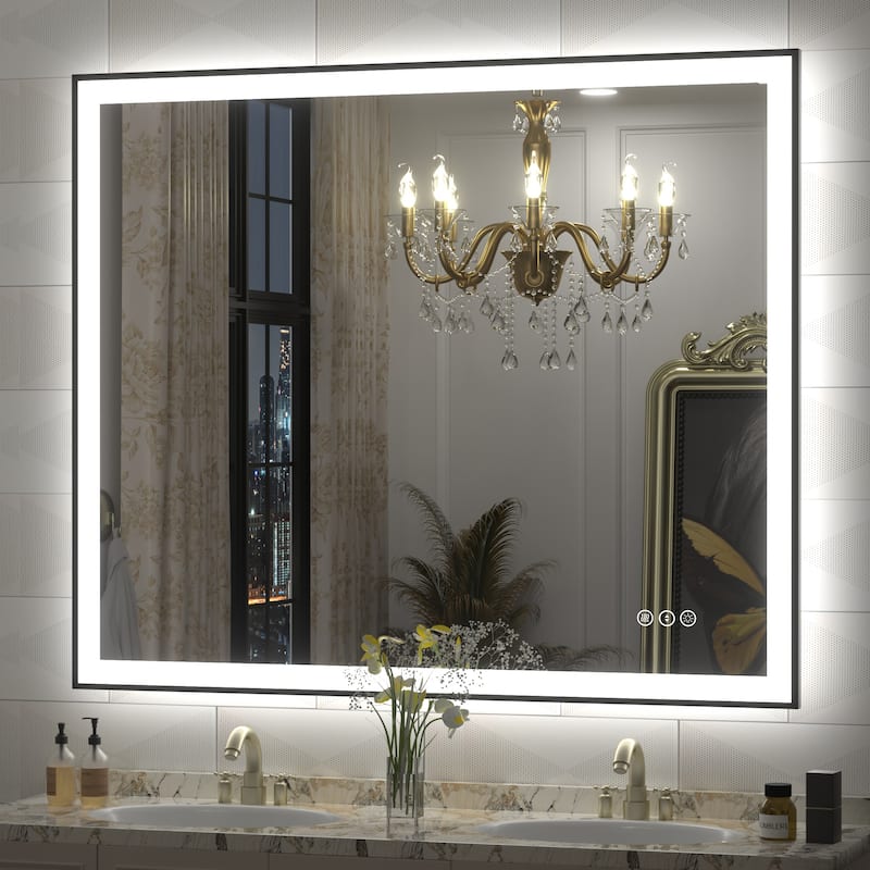 Front & Back LED Anti-Fog Tempered Glass Framed Bathroom/Vanity Mirror 3-Year Warranty - 48" x 40"-Square Corner - Black