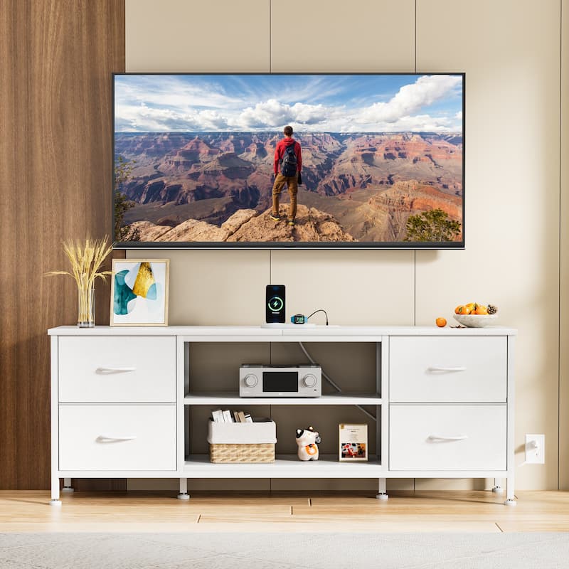 Dresser TV Stand with Power Outlet 4 Fabric Drawers for 60" TV Bedroom