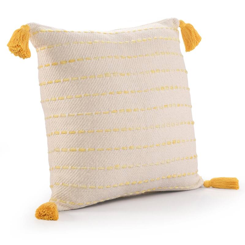 Handmade Variegated Stripe Square Throw Pillow with Tassels - 20" - Yellow and White