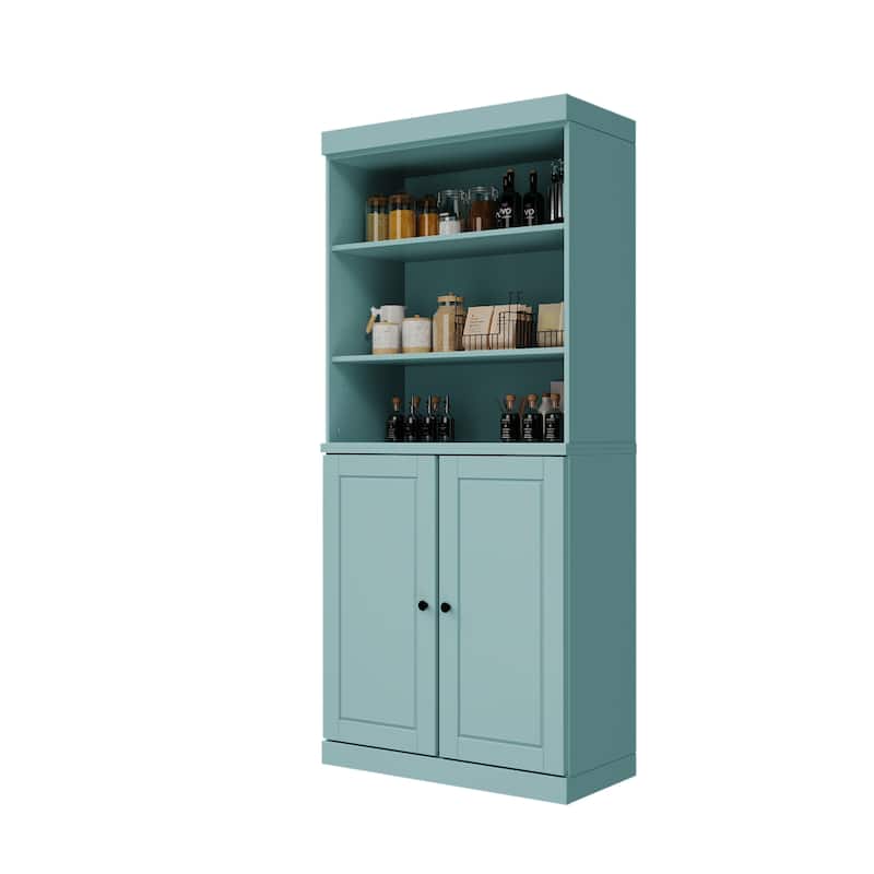 100% Solid Wood Kitchen Pantry Cabinet with 2 Clear Glass or Solid Wood Doors and 2-Drawer Organizer by Palace Imports