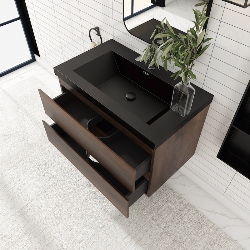 24/30/36 inch Wall-Mounted Bathroom Vanity Set in Rose Wood with Integrated Black Resin Sink