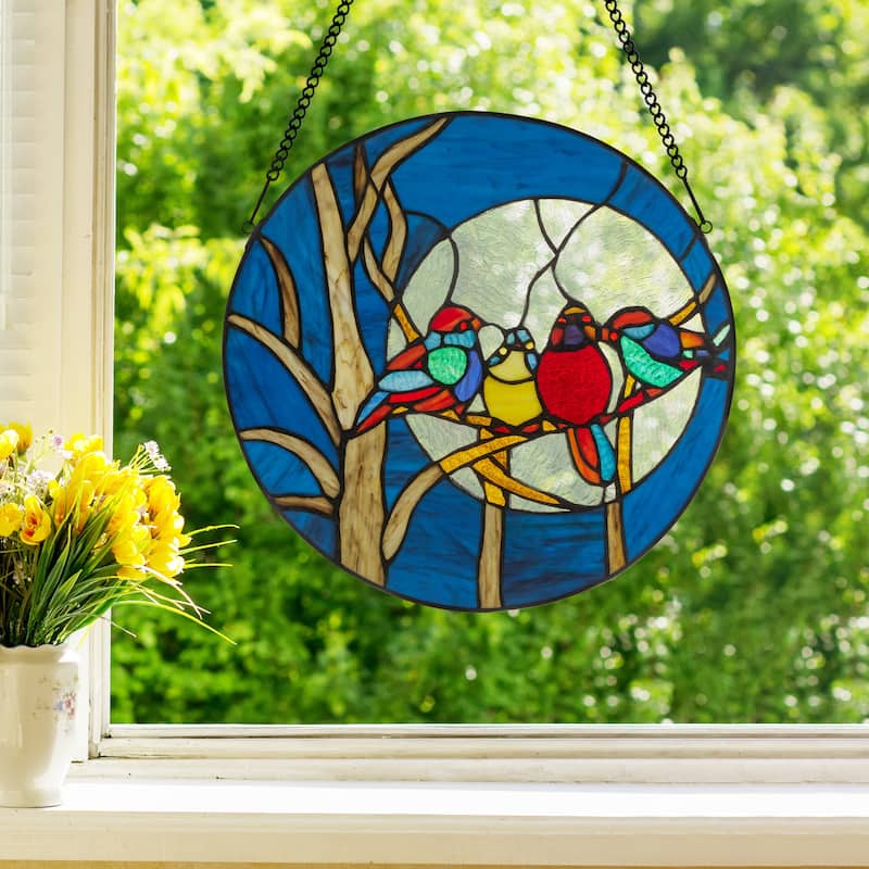 River of Goods 16"H Birds in the Night Sky Round Stained Glass Window Panel - 16"L x 0.25"W x 16"H