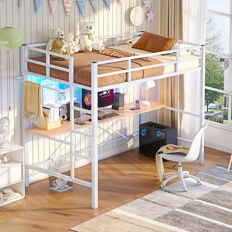 Loft Bed with Desk Gaming Bunk Bed LED Lights Charging Station