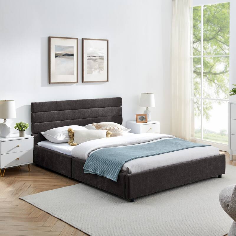 Queen Size Wood Storage Bed w/ Headboard and Solid Comfortable Cushioned Bed Frame - Black