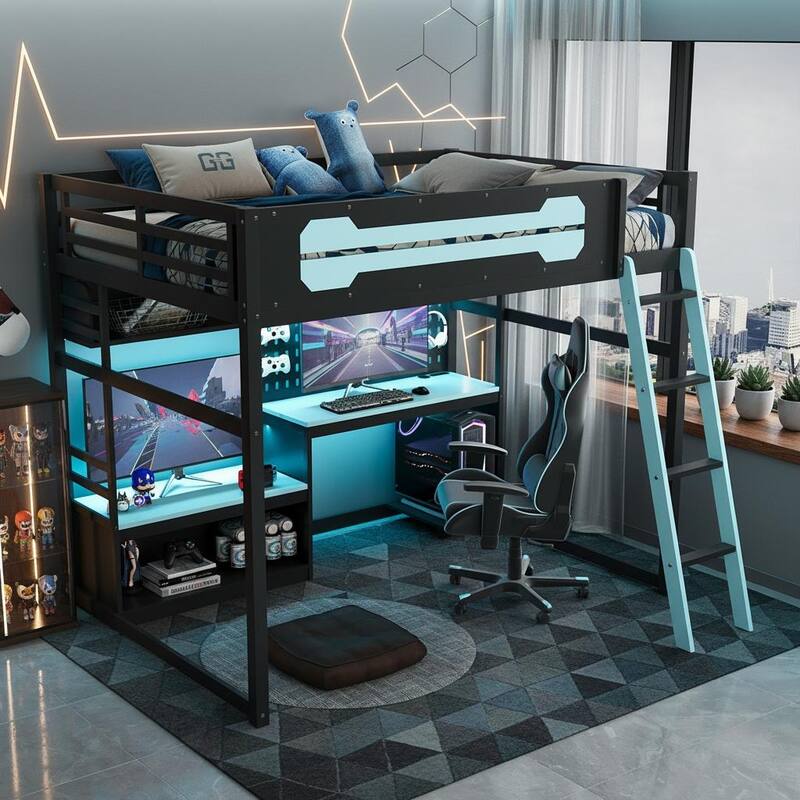 E-Sport Elite Full Size Loft Bed with RGB Lighting, Charging Station & Gaming Desk Hub by Harper&Bright Designs