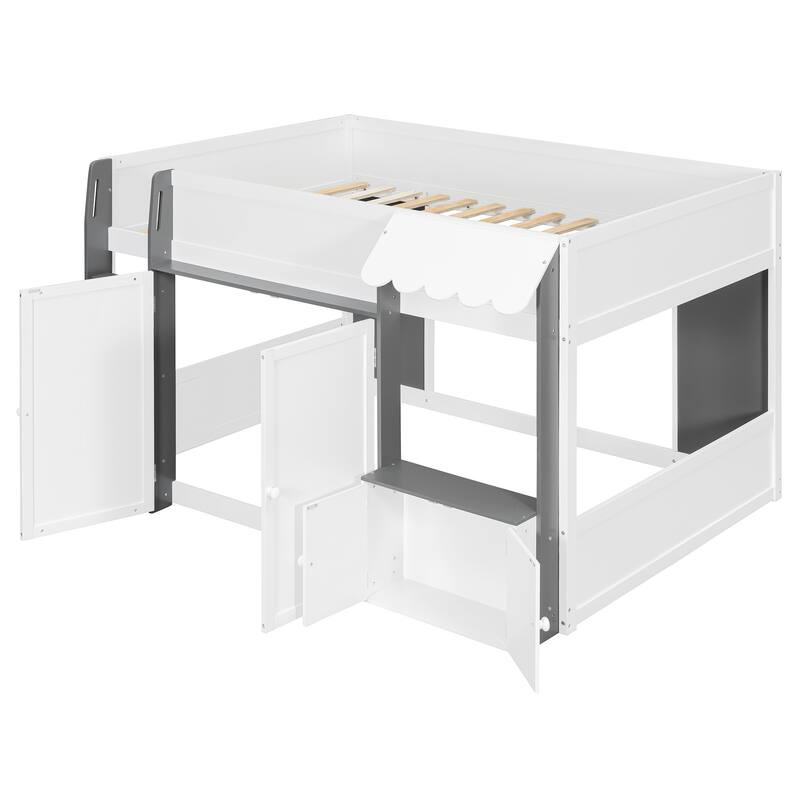 Full Loft House Bed with Playhouse & Storage, Modern Wood Cabin Bed for Kids