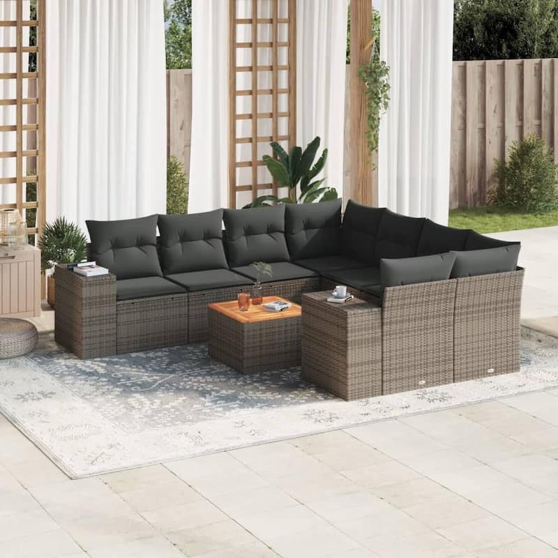 vidaXL Patio Sofa Set with Cushions Outdoor Furniture 9 Piece Poly Rattan - 21.7 x 21.7 x 14.6 - Gray Large