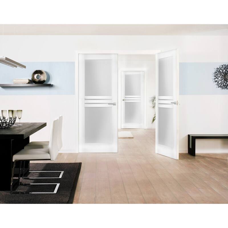 Solid French Double Doors Opaque Glass 4 Lites / Mela 7222 White Silk / Wood Solid Panel Frame / Closet Bedroom Modern Doors