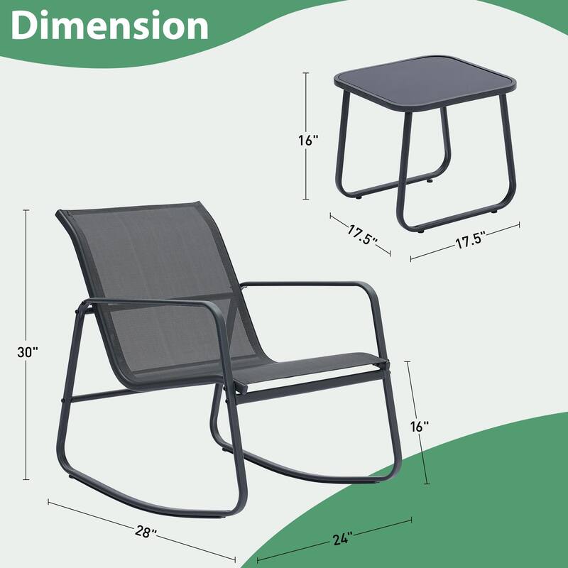 Ainfox 3 Pieces Outdoor Patio Conversation Set, Textilene Patio Rocking Chair Bistro Set with Coffee Table