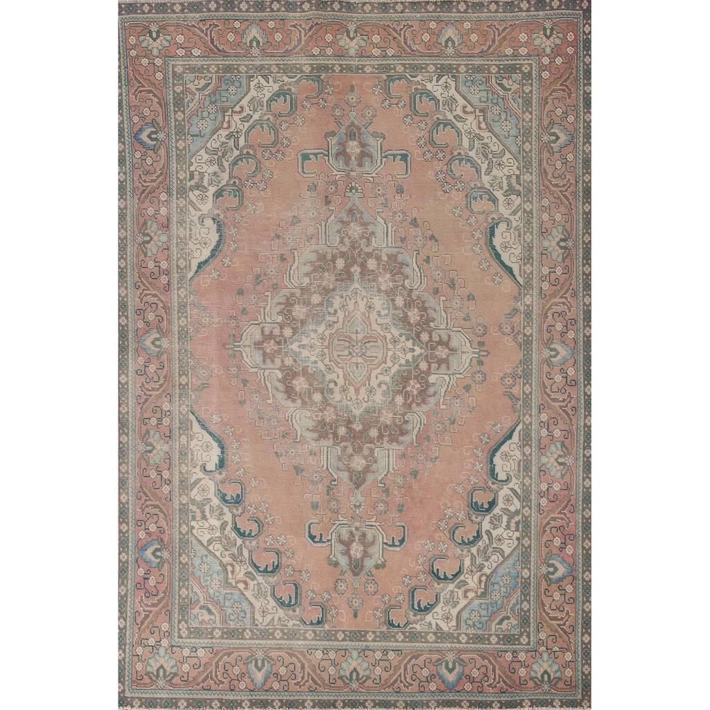 Hand Knotted Oriental 100% Wool Carpet Traditional Medallion Pink Tabriz Area Rug - 9' 5'' X 6' 4''
