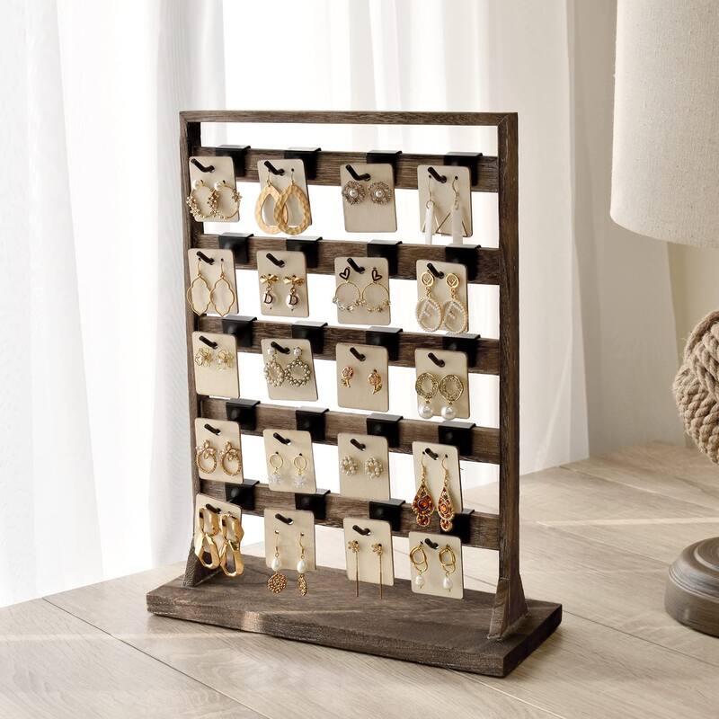 Wooden Jewelry Display Rack with 20 White Hooks - Espresso