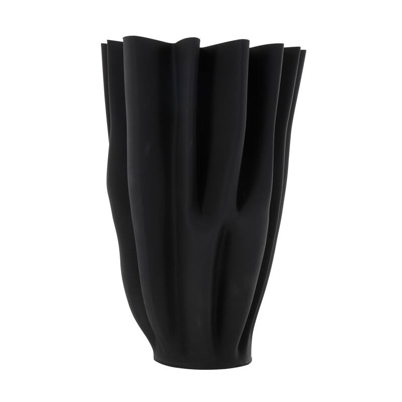 Black Ceramic Dimensional Ribbed Tulip Abstract Vase with Angular Rim