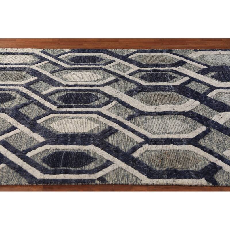 Modern Geometric Moroccan Area Rug Hand-Knotted Indian Wool Carpet - 5'1" x 8'3"