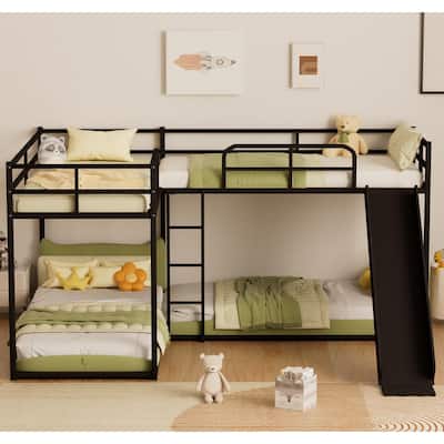 L-Shaped Bunk Bed with Slide and Short Ladder, Black