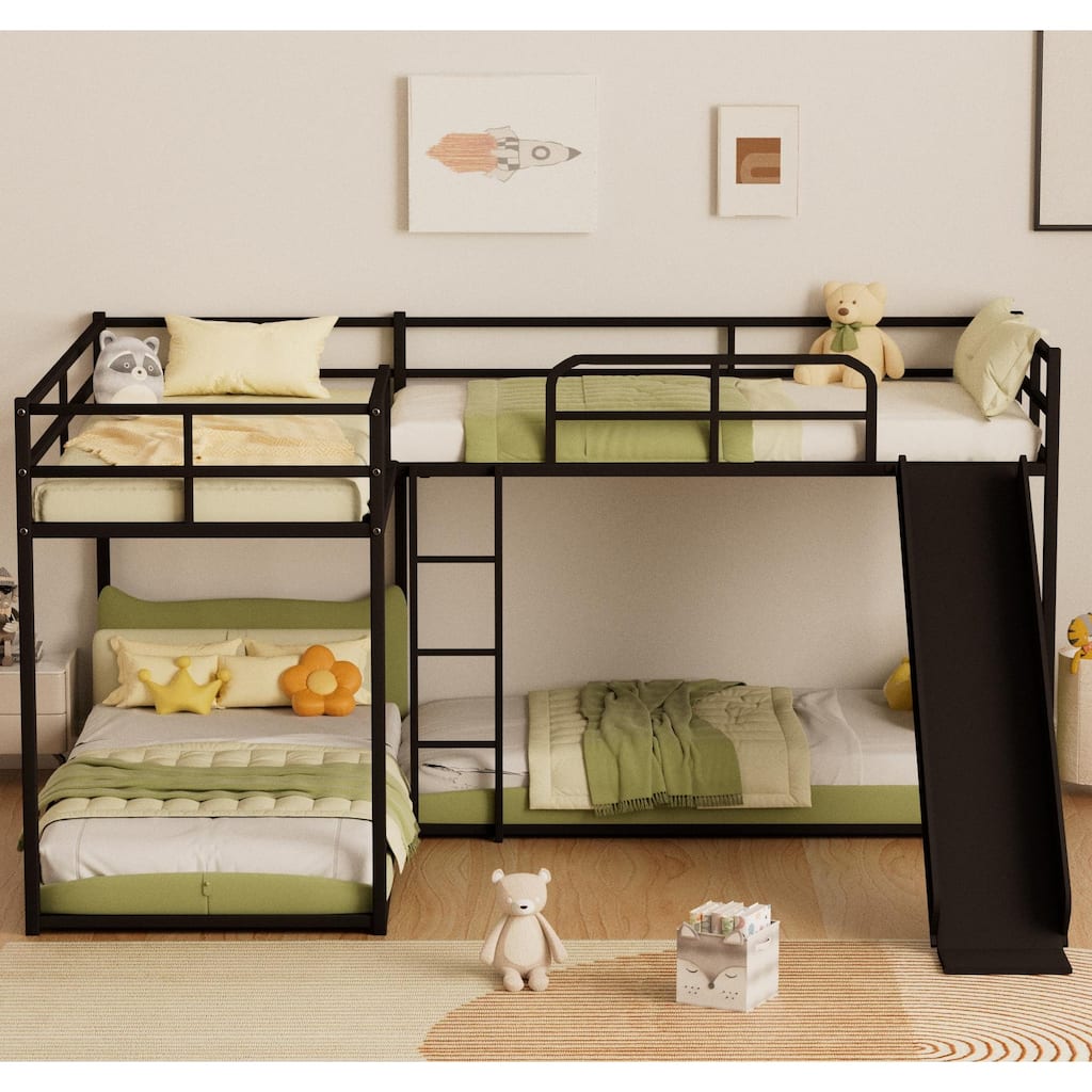 L-Shaped Bunk Bed with Slide and Short Ladder, Black