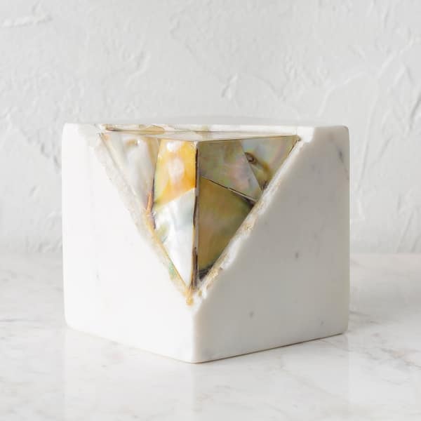 slide 2 of 7, Oro Stone Paperweight with Mother of Pearl Detail - 4" x 4" x 4" 4" x 4" x 4" - White/Multi